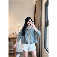 Turn-down collar jeanJacket with striped collar and sleeves Aokhoacbo8068_P7K6