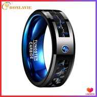 BONLAVIE Mens 8mm Black Tungsten Carbide Ring Blue Carbon Fiber Polished Finish Engagement Wedding Band Comfort Fit 6-15