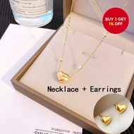 New K Gold Heart Necklace and Earrings Jewelry Set for Women - Minimalist, Elegant Love Pendant Set 