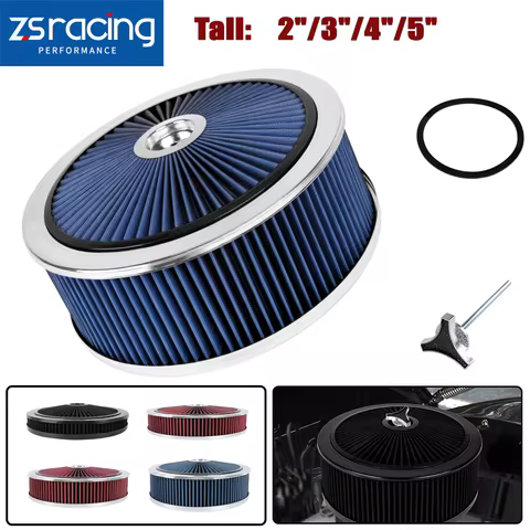 ZSRA-14" x2"/ 3"/4"/5" High Flow Air Cleaner Set Chrome Round Super Flow Thru Air Cleaner Filter For