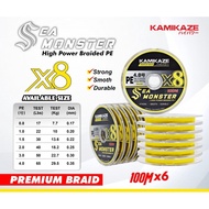 KAMIKAZE SEA MONSTER X8 PE LINE 100M |connecting 6 Braid Fishing Line - Yellow, PE 1.5 30LB/ braided