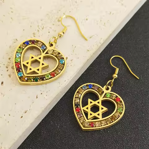 Heart Hexagram Star of David Jewish Earring for Women Rhinestone Stainless Steel Gold Color Amulet D