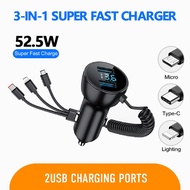 Car charger, 52.5W Quick Charging, Digital display, 2 charging USB ports, Micro USB, Type-C USB Lightning 3-in-1 Port Cable, Support fast charging, Mobile phone fast charging, Temp