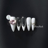 Nomi Nails @ 02 - Custom Handmade Fake Nails - Gentle White French With Diamond - Wedding nails