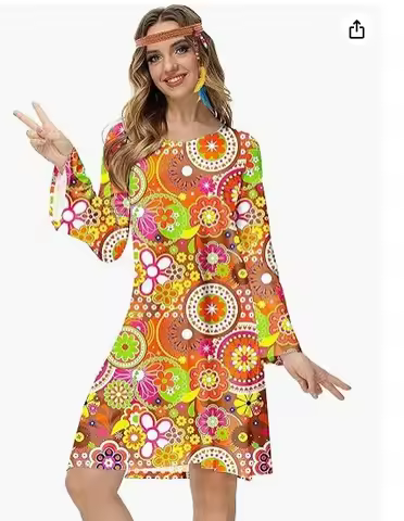 Women's Retro 70s Hippie Dress O Neck Flare Sleeve Disco Outfit 60s Party Cosplay Costume Carnival V