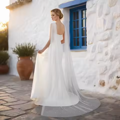 Wedding Cape Veil for Bride Long Tulle Bridal Shoulder Cape Pearl Beaded Wedding Dress Bolero Shawl 