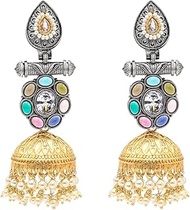 by Shivansh Traditional Indian Matte Dual Two Tone Plated Navaratna Stone CZ, Pearl Studded Big Size