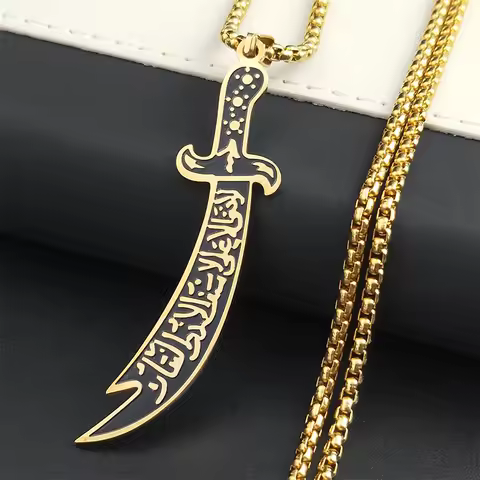 Arabic Ali Sword Knife Chain Necklaces for Men Stainless Steel Gold Color Muslim Islamic Necklace Je