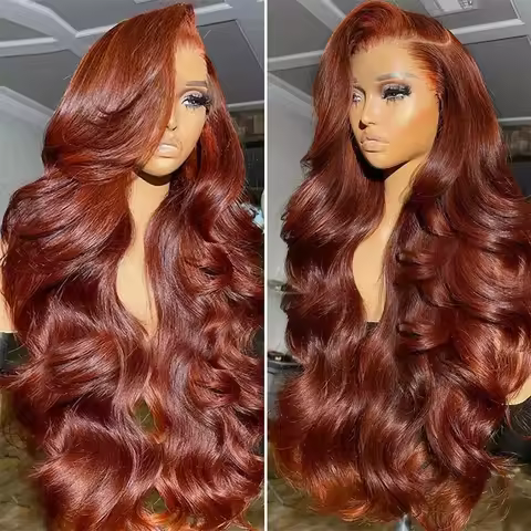 Reddish Brown Body Wave Human Hair Wigs Transparent Lace 13x4 Front Wigs Pre Plucked Auburn Brown HD