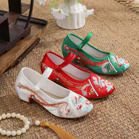 2026 Women's Red White Green Phoenix Embroidery Block Heel Mary Jane Shoes Chinese Hanfu Shoes Orien