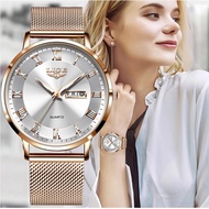 LIGE นาฬิกากันน้ำผู้หญิง หรูหราบางเฉียบนาฬิกาแฟชั่นสุภาพสตรีนาฬิกาสแตนเลสกันน้ำนาฬิกาปฏิทินนาฬิกาข้อมือ