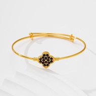 M189B Women Bangle Titanium 24K Gold Full Zircon Clover Adjustable Anti Rust No Fade Lucky Meaning L