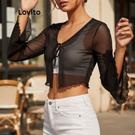 Lovito Women's Casual Trumpet Sleeve Cardigan with Lace Up Detail, Y2K Style, Color Black, L52AD060