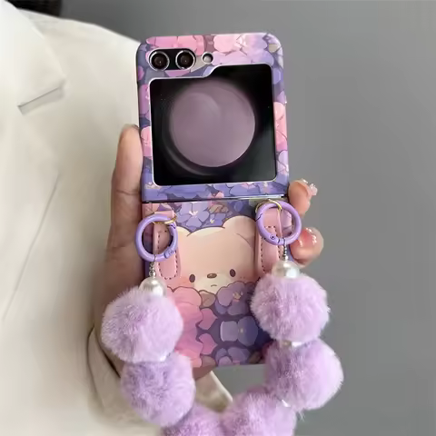 Korean Luxury Cute Cartoon Bear Plush Ball Bracelet Case for Samsung Galaxy Z Flip8 Z Flip7 Z Flip6 