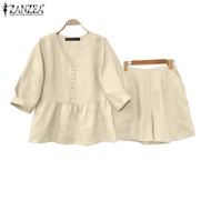 ZANZEA Women Korean Casual Loose 3/4 Sleeve V-Neck Tops + Shorts Sets