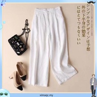 LAHSTORE wide-leg linen pants, high-waisted elastic waist, office style QD01 (Moss Green)