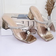 Dép nữ cao gót vuông 5p quai bản trong kết nơ lưới quai đính xoàn ngang - G10 Guốc cao gót