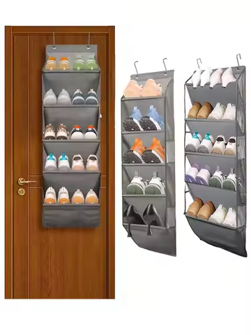 1pcs 5-Layer Over The Door Hanging Shoe Organizer, Gray Non-Woven Fabric Shoe Storage Hanging Bag,Ha