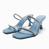 Zara2023 Autumn New Product Women's Shoes Blue Bright Denim High-Heeled Sandals Flat Rhinestone Chain Square Toe Sandals Slippers