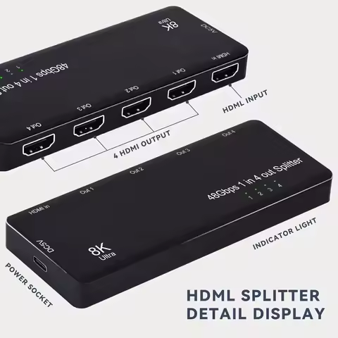 8K HDMI Splitter 1 in 4 Out Sync Box 1x4 HDMI 2.1 Splitter Duplicate/Mirro to 4 Screens 8K@60Hz 4K 1