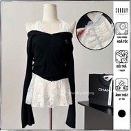 Ulzzang Odin Top Black V-Neck Long Sleeve T-shirt with White Lace Camisole - Sunday Clothing AO075