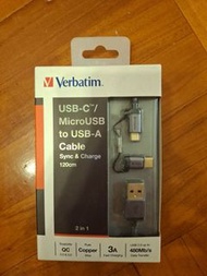 Verbatim USB-C/MicroUSB to USB-A 2合1充電線
