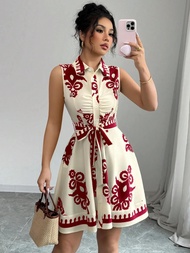 Womens Fashion Strapless Floral Print Belted Waist Dress Ladies Summer Beach Dress Casual Sleeveless