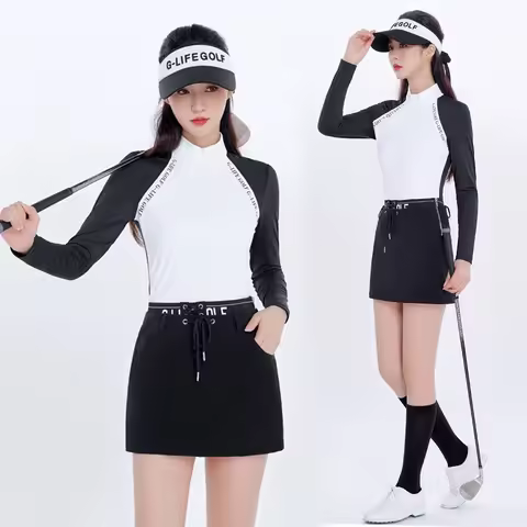 GLIFE golf women wear outfits contrasting long sleeve zip polo shirt ladies slim-fit sports jersey f