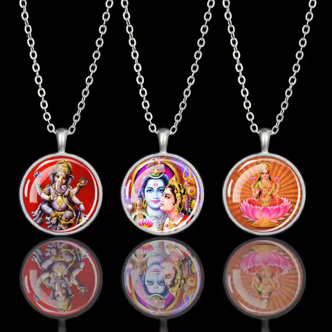 Hinduism Necklace Ganesha Vishnu Goddess of Kashmi Shiva Amulet Goddess of Wealth Glass Dome Necklac