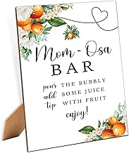 Mom-osa Bar Sign - Orange Citrus Baby Shower Sign, 1 Pack Wooden Sign with Stand, Gender Neutral Par