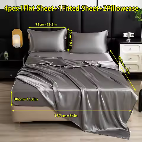 【Mother's Day Gift】4-Piece Set of Solid Color Satin Bed Sheet Set (1 Flat Sheet + 1 Fitted Sheet + 2