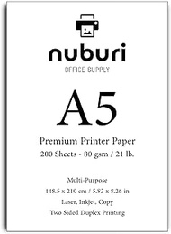 Nuburi - A5 Size Premium Printer Paper - 80 gsm / 21 lb. (200 Sheets)