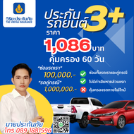 ประกันรถยนต์ วิริยะ 3+ อุ่นใจสบายกระเป๋า ทุน 100000บาท (60วัน/1086 บาท) รับรถไม่เกิน 20 ปี