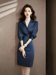 Elegant Blue Satin Dress Early Spring High Society Thinming Goddess Style Cold Queen Fashionable Wom