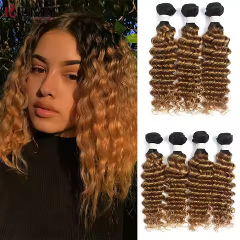 Deep Wave Human Hair Bundles T1B 27 Honey Blonde Colored 8-26 Inches Weave Bundles Brazilian Remy Ha