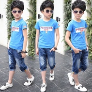 Summer Teenage Boys Clothes Suit Stripe Cotton T-shirt + Jeans Pant 2PCS Set Fashion Baby Kids Cloth