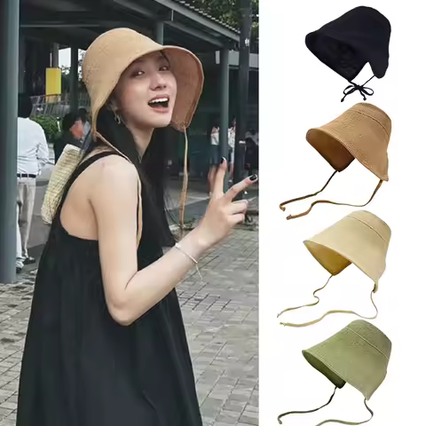 【F】Linen Straw Bonnets Hats For Women Sun Hats Bow Beach Cap Big Wide Brim Cloche Hat Chapeau Femme 