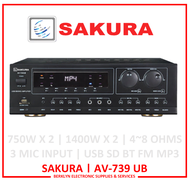 Sakura AV-739 UB / Karaoke Amplifier / USB SD MP3 BLUETOOTH FM / 3 MIC INPUT / 750W X 2 8OHMS / 1400W X 2 4OHMS/ HI MID LOW / ECHO REPEAT DELAY / AV739UB
