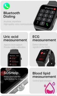 免扎針測血糖/尿酸/血脂，血壓/心率/血氧，體溫，ECG心電圖，壓力/MET梅脫/HRV自動檢測數據分析報告，一鍵SOS求助，血液成份：尿酸/總膽固醇/甘油三酯/高密度脂蛋白/低密度酯蛋白，身體成份：