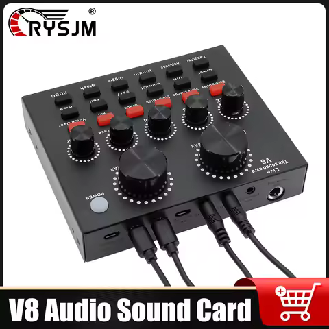 V8 Karaoke Live Sound Card USB Plug DJ Equipment Sound Cards Audio Mixer For Phone Computer PC Webca