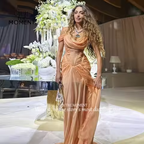 OTM Orange Pleats Chiffon Sleeveless Evening Dresses For Formal Occasion See Through Mermaid Prom Dr