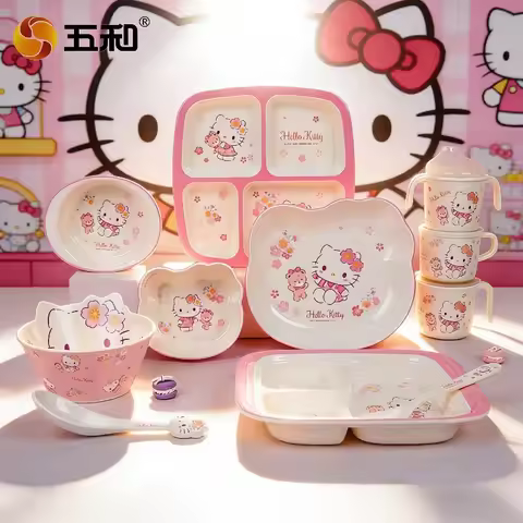 WUHE Hello Kitty Dinnerware Set Dinner Set Plates and Dishes Compartmentalized Plates Hello Kitty Cu