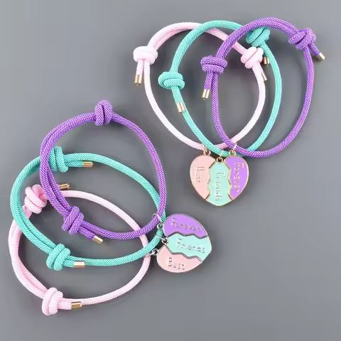 3pcs Lovely Heart Shape Magnet Bracelet, Cute BFF Friendship Bracelet Set of Handmade Weaved Jewelry