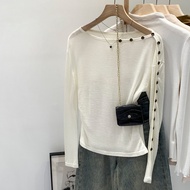 95648 Lyocell Fiber Button Slanted Shoulder Loose Thin Long-Sleeved T-Shirt