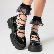 Women's Black Slip-On Mary Jane Flat Shoes, Slip-On Buckle & 3D Butterfly Design, JK Japanese School