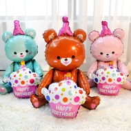 Children's Birthday Party Decoration Arrangement Toy Balloon 4D Sitting And Holding Cake Bear Cartoo