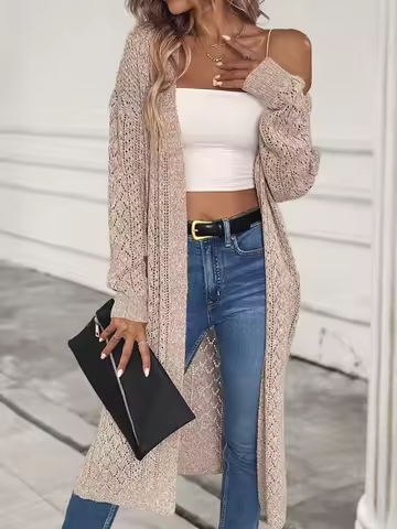 Women Cardigan Beige Camel Open Front Long Sleeve Crochet Knit Duster Coat Loose Fit Casual Summer B