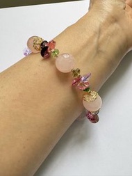 粉水晶 併奧地利水晶 diy手鍊 手串12mm DIY Rose Quartz and Austrian Crystal Bracelet 白水晶，粉水晶，黃水晶，金髪晶，鈦晶，紫水晶，紅石榴石，金太