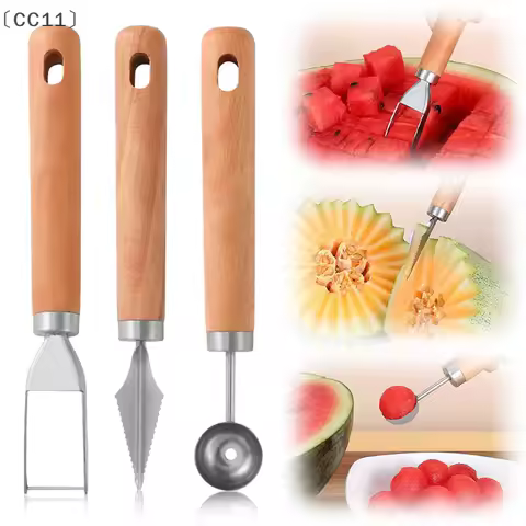 〔CC11〕Stainless Steel Watermelon Cutter And Fruit Slicer Tool – 3-in-1 Melon Baller Fruit Carving Kn