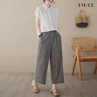 【AMIEE】黑白格子棉麻九分直筒寬褲(黑白格子/M-2XL/KDPY-9582B) M 黑白格子